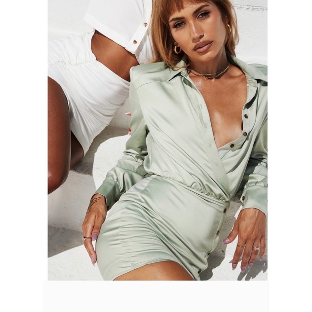 Mistress Rocks Sage Green Satin Long Sleeve Mini Dress XS New With Tags - Picture 2 of 8